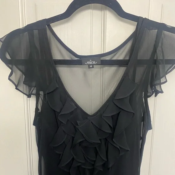 Mica Black Ruffled V-Neck Midi Dress - Sheer Chiffon Flutter Sleeve - 6 - Picture 2 of 4